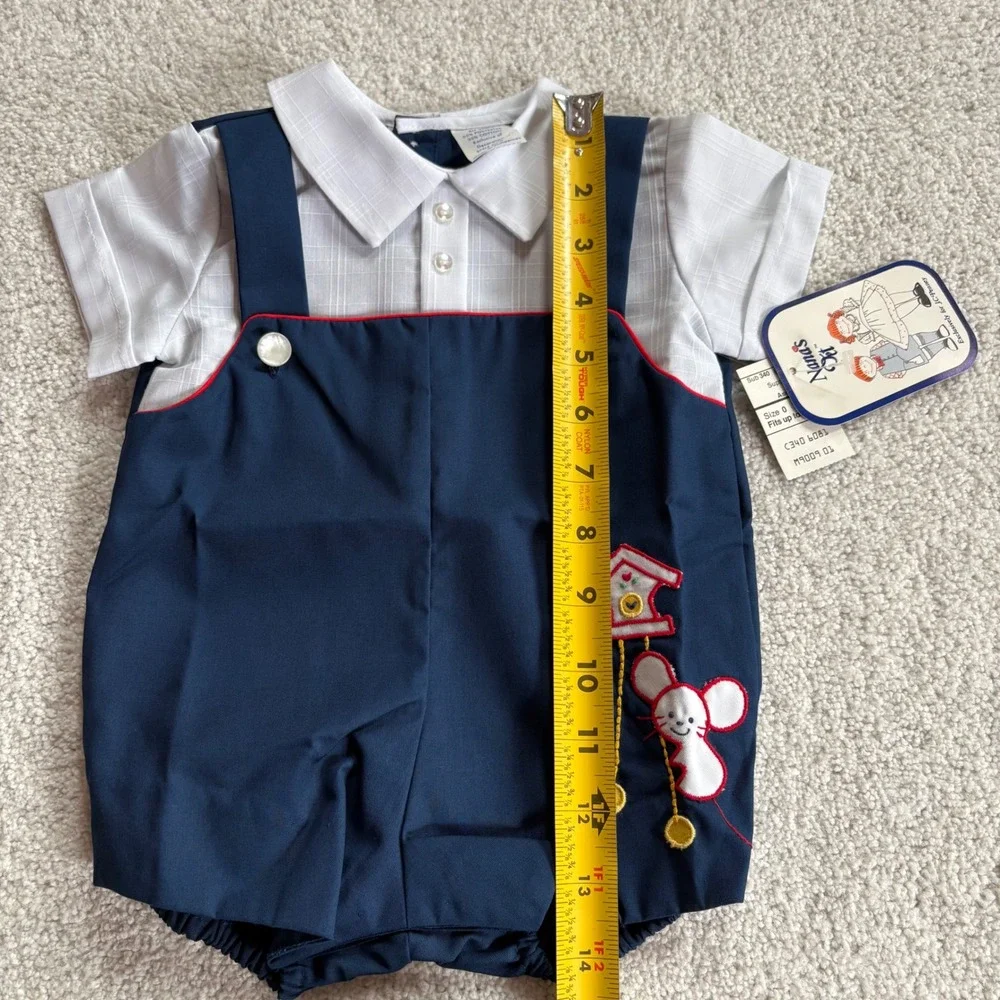 Nana's Pet Romper Baby Boy Size 0 Navy Blue White VTG NWT Mouse Cuckoo Clock 80s